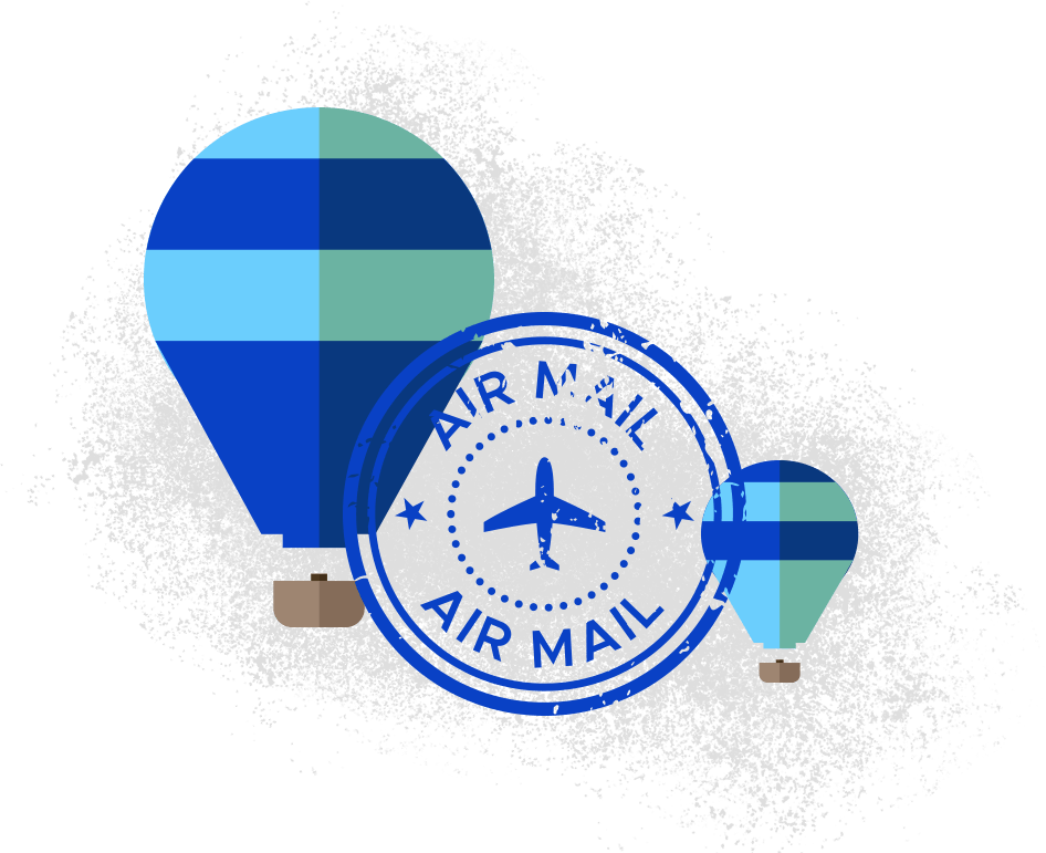 An illustrated image of an air mail ink stamp over two hot air balloons.