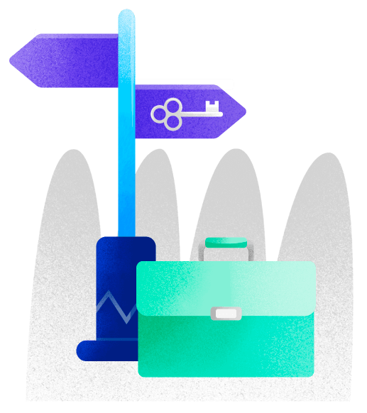 An illustrated image of a directional sign with one side pointing left, and the other side pointing right with a key on it. Beneath the sign is a suitcase.
