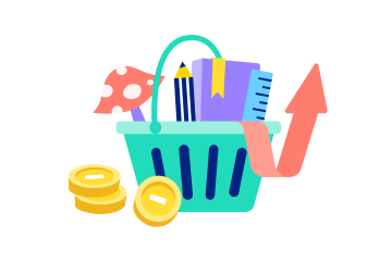 An illustrated image of a shopping basket filled and overflowing with various items