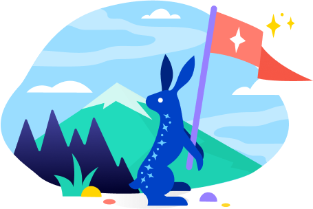 An illustrated image of Ziggy holding a flag at the top of a mountain