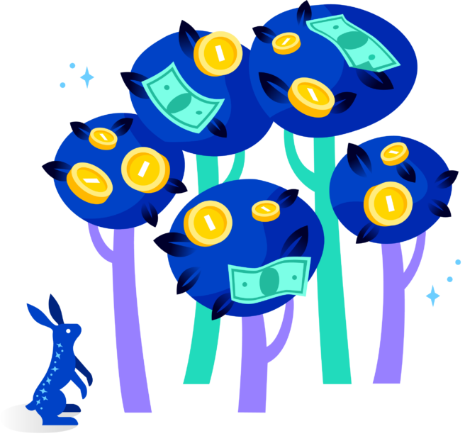 A standing Ziggy looking at illustrated coins and dollar bills sitting on top of five illustrated trees with blues leaves and purple and turquoise trunks