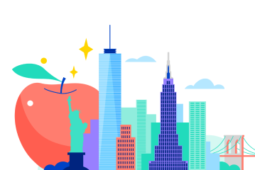 An illustrated image of the New York city skyline with an apple in the background