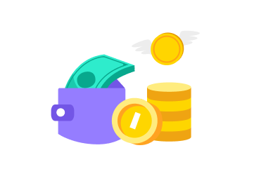 An illustrated graphic of a wallet with paper currency hanging out of it and a stack of coins next to it