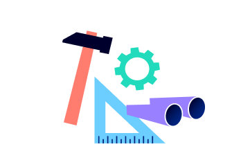 An illustrated graphic of various tools (hammer, triangle, gear, and binoculars)