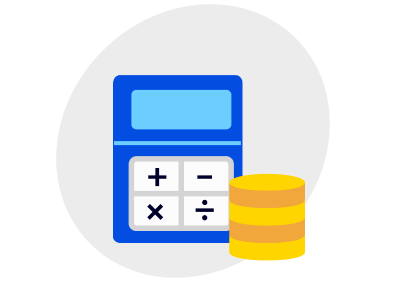 An illustrated icon of a calculator and a stack of coins