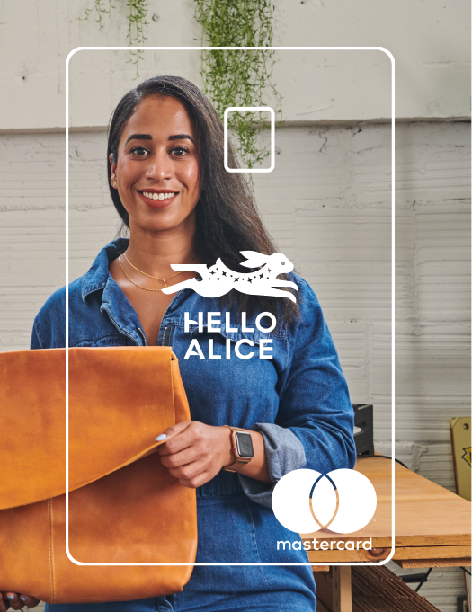 An illustrated outlined and transparent image of the Hello Alice credit card