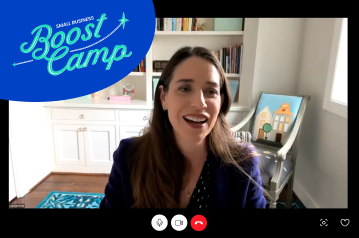An image of Carolyn Rodz, Co-Founder and CEO of Hello Alice on screen during a Boost Camp event