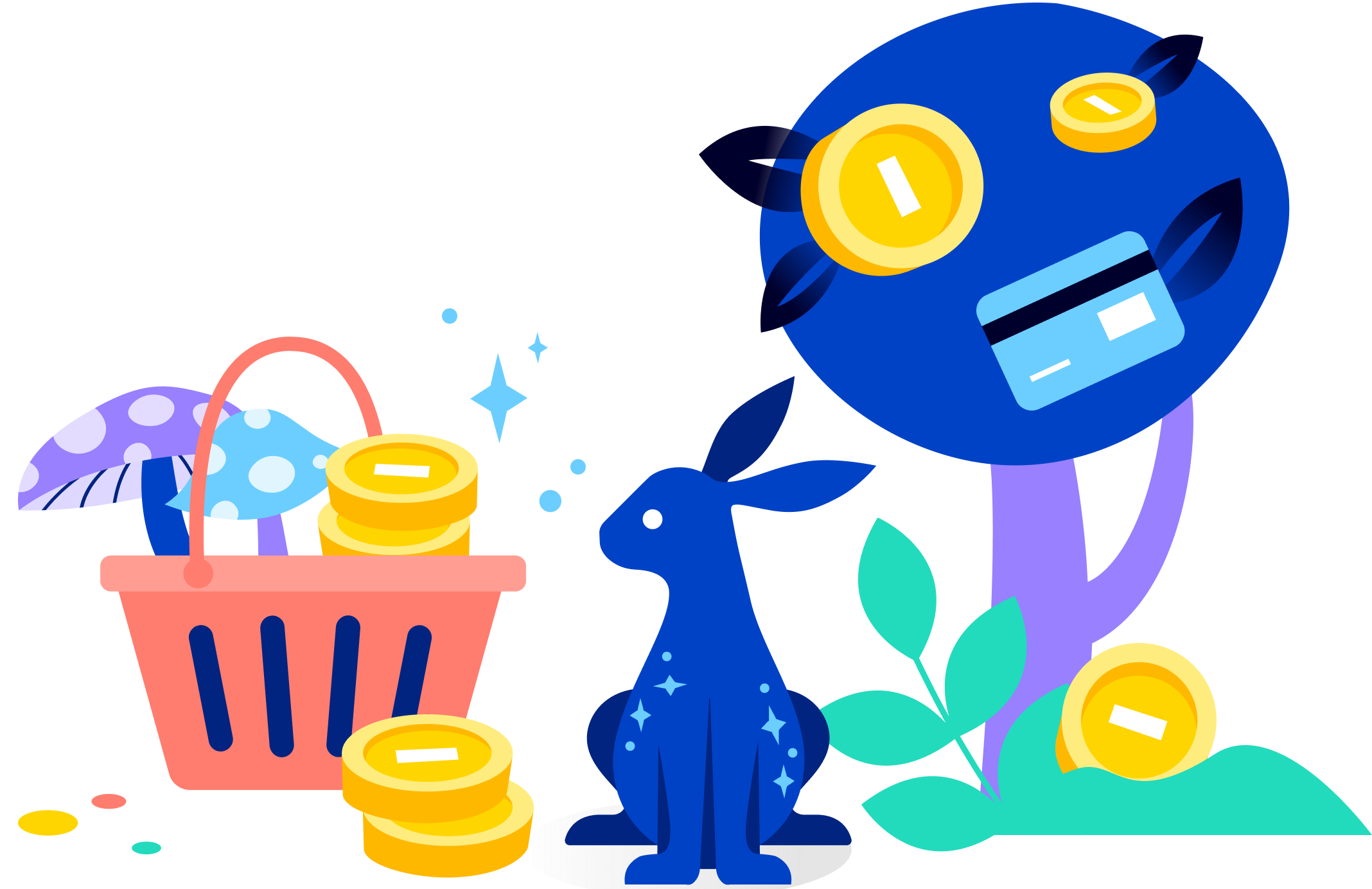 An illustrated image of Ziggy crouched between a full shopping cart and a tree with various forms of currency on it