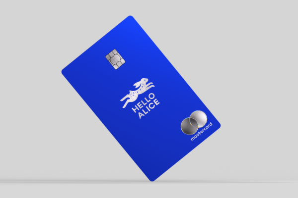 A blue credit card with a rabbit and Hello Alice branding on it.