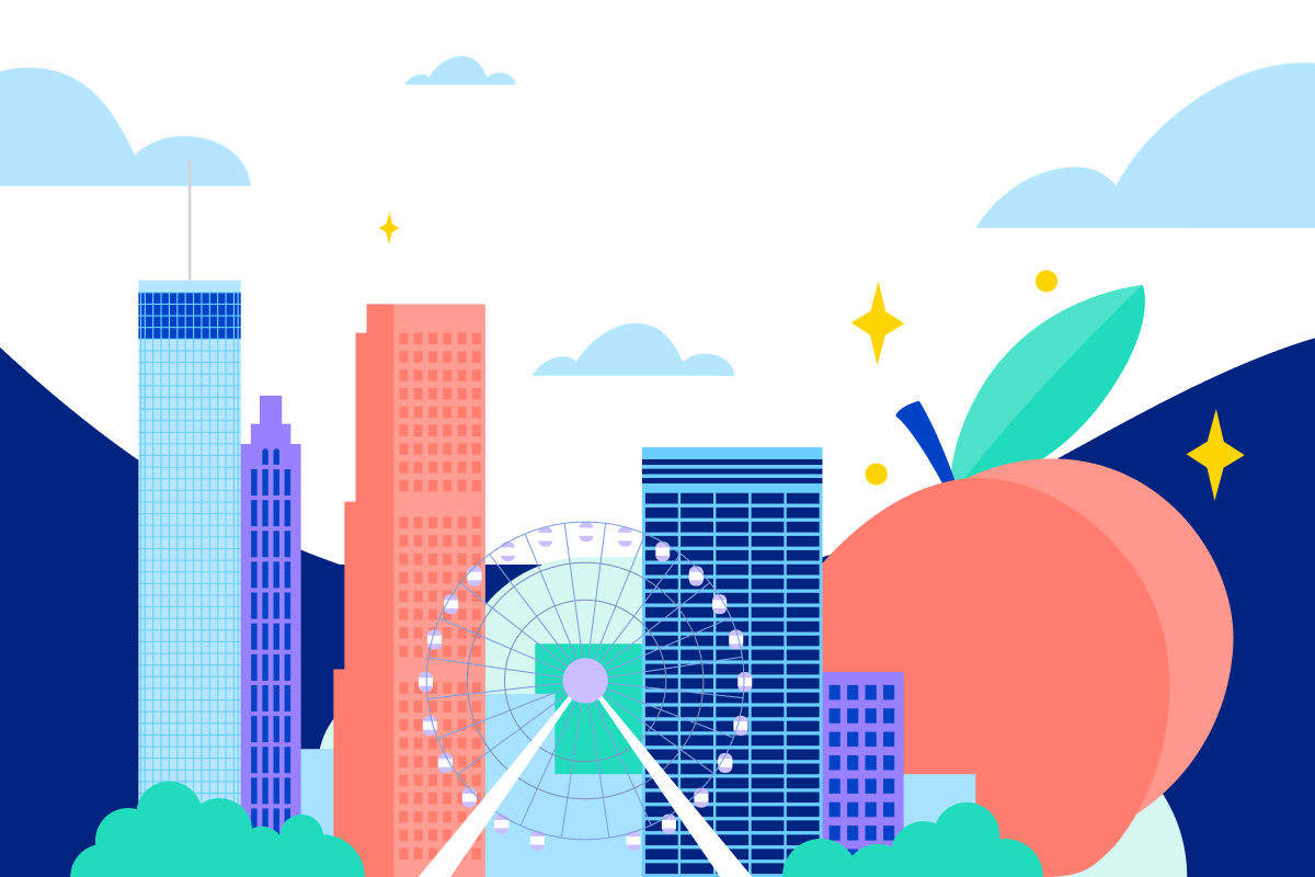 Illustration of Atlanta's skyline with a large peach among the buildings.