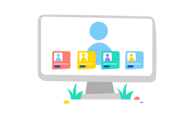 An illustration of a computer monitor displaying a virtual meeting