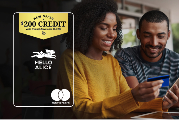 An image of a man and a woman making a purchase on a mobile device with the Hello Alice Small Business Mastercard®