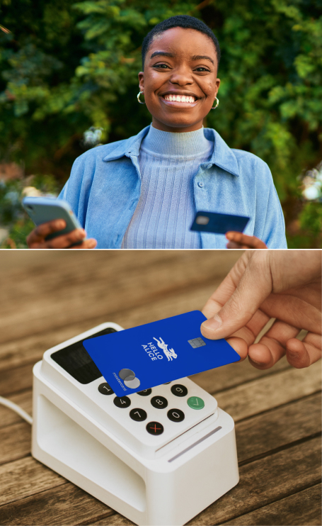 Two images; One of a woman holding the Hello Alice Small Business Mastercard®, and one of someone using the Hello Alice Small Business Mastercard® to tap pay on a terminal.